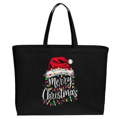 Merry Christmas Lights Red Santa Hat Xmas Family Women Cotton Canvas Jumbo Tote