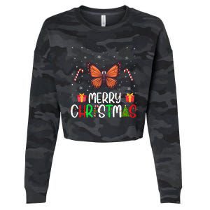 Merry Christmas Lights Butterfly Reindeer Hat Xmas Pjs Cropped Pullover Crew