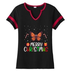 Merry Christmas Lights Butterfly Reindeer Hat Xmas Pjs Ladies Halftime Notch Neck Tee