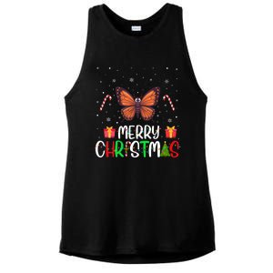 Merry Christmas Lights Butterfly Reindeer Hat Xmas Pjs Ladies PosiCharge Tri-Blend Wicking Tank