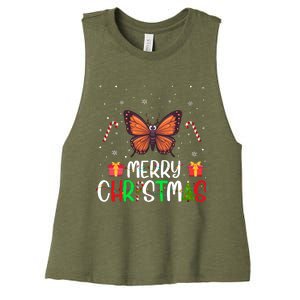 Merry Christmas Lights Butterfly Reindeer Hat Xmas Pjs Women's Racerback Cropped Tank