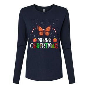 Merry Christmas Lights Butterfly Reindeer Hat Xmas Pjs Womens Cotton Relaxed Long Sleeve T-Shirt