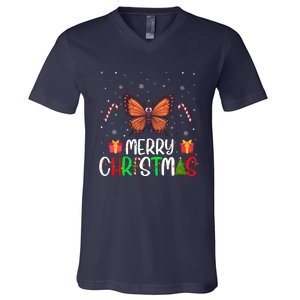 Merry Christmas Lights Butterfly Reindeer Hat Xmas Pjs V-Neck T-Shirt