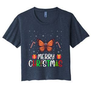 Merry Christmas Lights Butterfly Reindeer Hat Xmas Pjs Women's Crop Top Tee