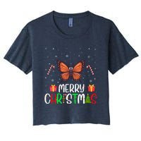 Merry Christmas Lights Butterfly Reindeer Hat Xmas Pjs Women's Crop Top Tee