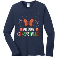 Merry Christmas Lights Butterfly Reindeer Hat Xmas Pjs Ladies Long Sleeve Shirt