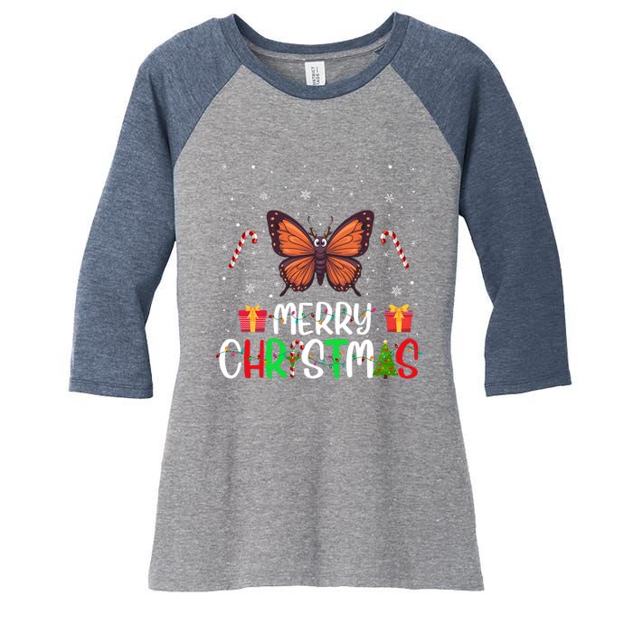 Merry Christmas Lights Butterfly Reindeer Hat Xmas Pjs Women's Tri-Blend 3/4-Sleeve Raglan Shirt