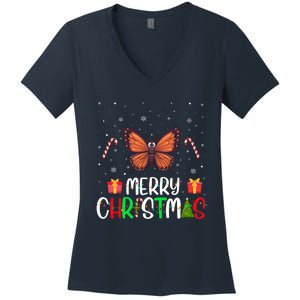 Merry Christmas Lights Butterfly Reindeer Hat Xmas Pjs Women's V-Neck T-Shirt