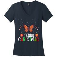 Merry Christmas Lights Butterfly Reindeer Hat Xmas Pjs Women's V-Neck T-Shirt