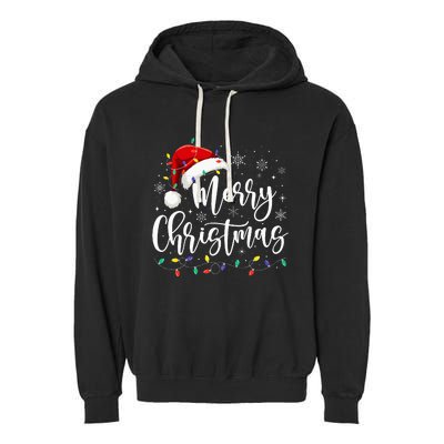 Merry Christmas Lights Red Santa Hat Xmas Family Garment-Dyed Fleece Hoodie