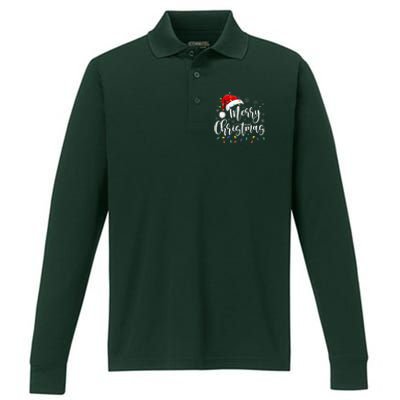 Merry Christmas Lights Red Santa Hat Xmas Family Performance Long Sleeve Polo