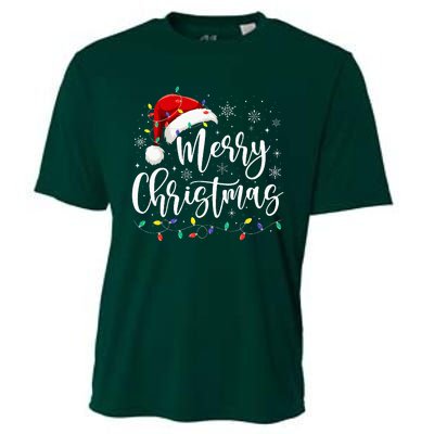 Merry Christmas Lights Red Santa Hat Xmas Family Cooling Performance Crew T-Shirt