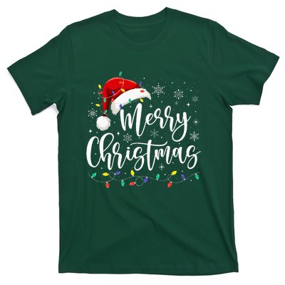 Merry Christmas Lights Red Santa Hat Xmas Family T-Shirt