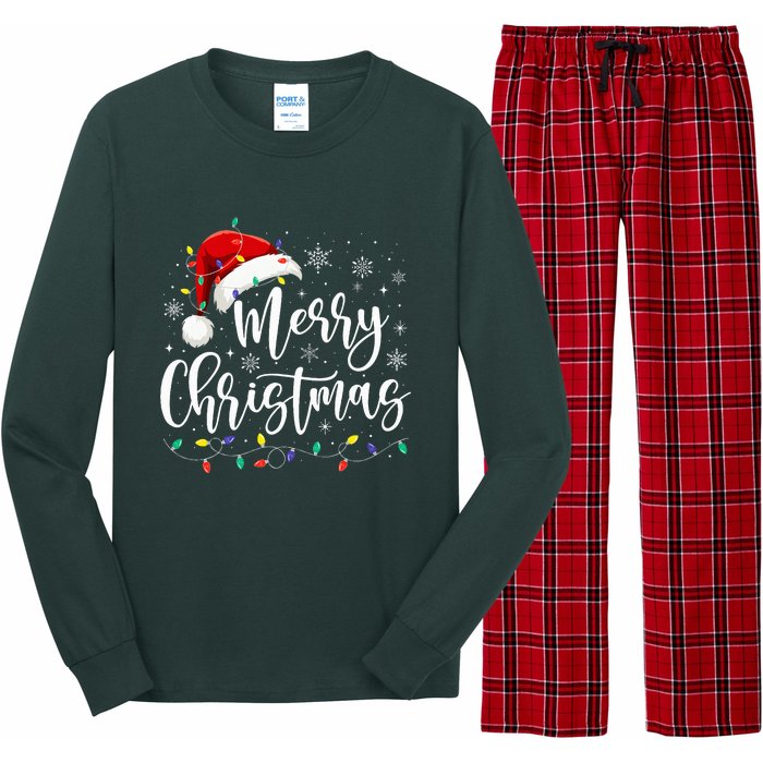 Merry Christmas Lights Red Santa Hat Xmas Family Long Sleeve Pajama Set