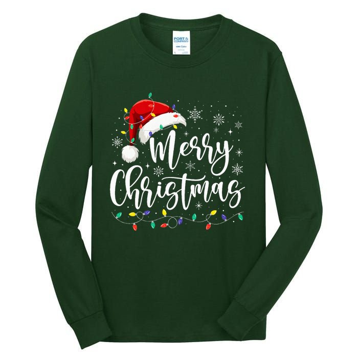 Merry Christmas Lights Red Santa Hat Xmas Family Tall Long Sleeve T-Shirt