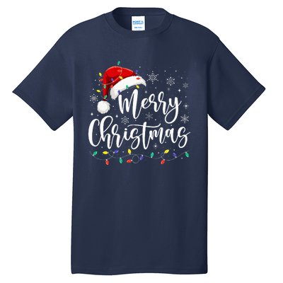 Merry Christmas Lights Red Santa Hat Xmas Family Tall T-Shirt