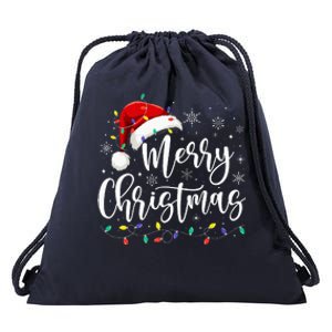 Merry Christmas Lights Red Santa Hat Xmas Family Drawstring Bag