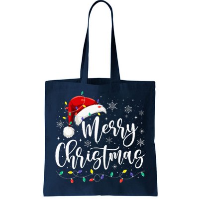 Merry Christmas Lights Red Santa Hat Xmas Family Tote Bag