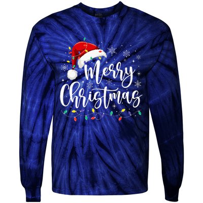 Merry Christmas Lights Red Santa Hat Xmas Family Tie-Dye Long Sleeve Shirt