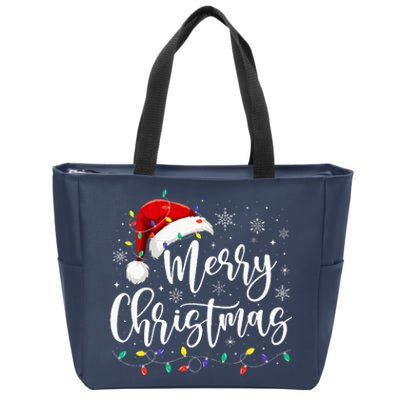 Merry Christmas Lights Red Santa Hat Xmas Family Zip Tote Bag