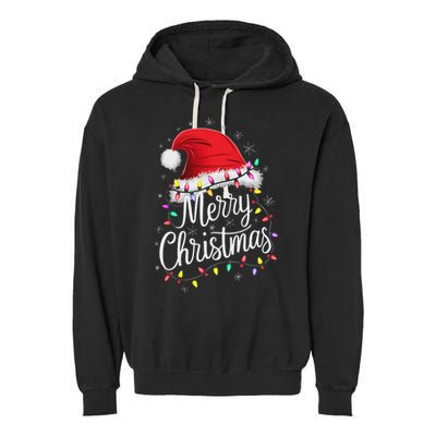 Merry Christmas Lights Red Santa Hat Xmas Family Women Garment-Dyed Fleece Hoodie