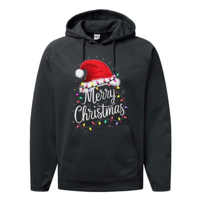 Merry Christmas Lights Red Santa Hat Xmas Family Women Performance Fleece Hoodie