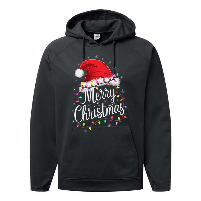 Merry Christmas Lights Red Santa Hat Xmas Family Women Performance Fleece Hoodie