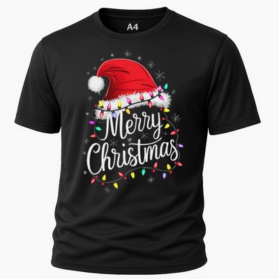 Merry Christmas Lights Red Santa Hat Xmas Family Women Cooling Performance Crew T-Shirt