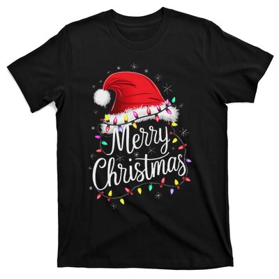 Merry Christmas Lights Red Santa Hat Xmas Family Women T-Shirt