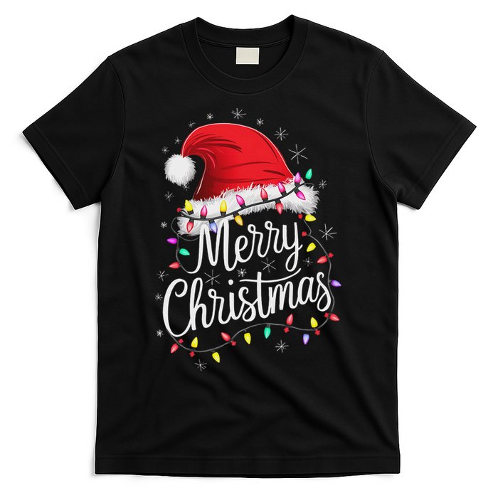 Merry Christmas Lights Red Santa Hat Xmas Family Women T-Shirt