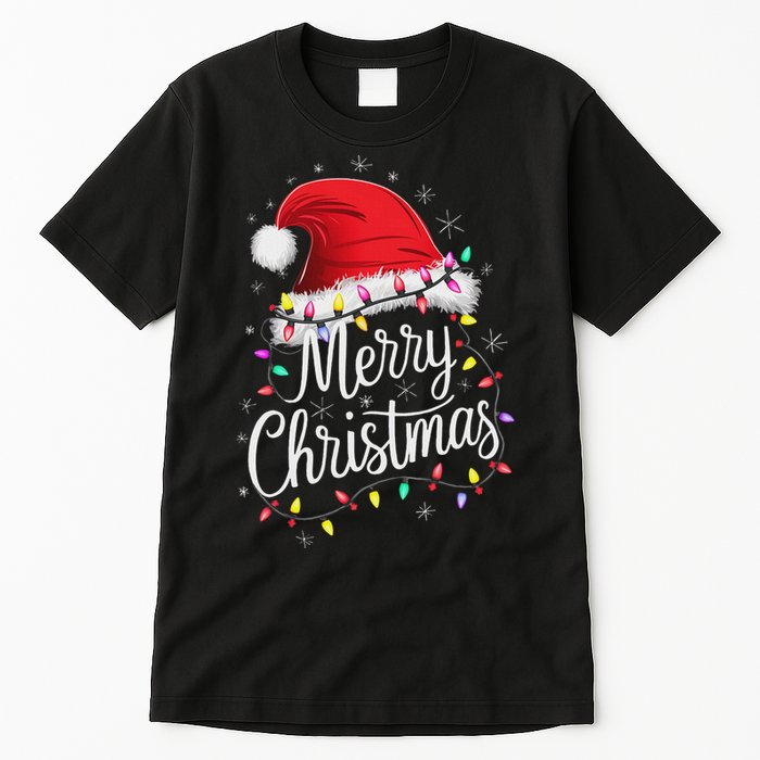 Merry Christmas Lights Red Santa Hat Xmas Family Women Tall T-Shirt