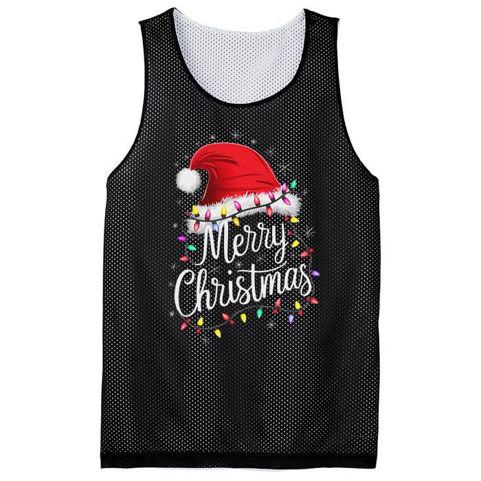 Merry Christmas Lights Red Santa Hat Xmas Family Women Mesh Reversible Basketball Jersey Tank