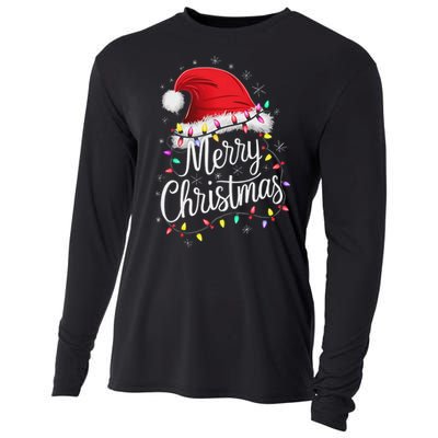 Merry Christmas Lights Red Santa Hat Xmas Family Women Cooling Performance Long Sleeve Crew