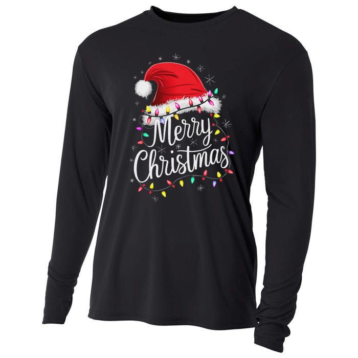 Merry Christmas Lights Red Santa Hat Xmas Family Women Cooling Performance Long Sleeve Crew