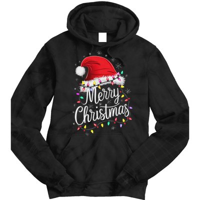 Merry Christmas Lights Red Santa Hat Xmas Family Women Tie Dye Hoodie