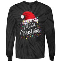 Merry Christmas Lights Red Santa Hat Xmas Family Women Tie-Dye Long Sleeve Shirt