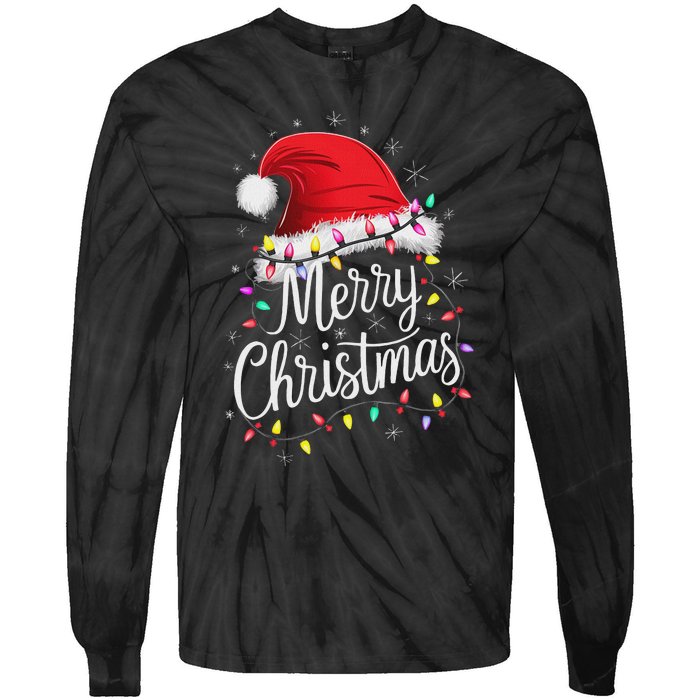 Merry Christmas Lights Red Santa Hat Xmas Family Women Tie-Dye Long Sleeve Shirt