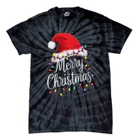 Merry Christmas Lights Red Santa Hat Xmas Family Women Tie-Dye T-Shirt