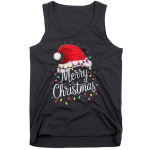 Merry Christmas Lights Red Santa Hat Xmas Family Women Tank Top