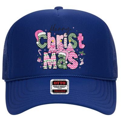 Merry Christmas Lights Red Santa Hat Xmas Family High Crown Mesh Back Trucker Hat