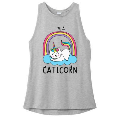 Magical Cat Lover Unicorn Rainbow Design Ladies PosiCharge Tri-Blend Wicking Tank