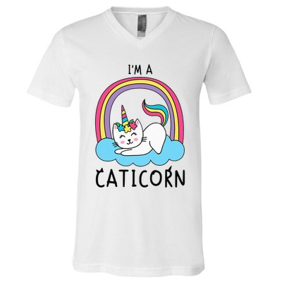 Magical Cat Lover Unicorn Rainbow Design V-Neck T-Shirt