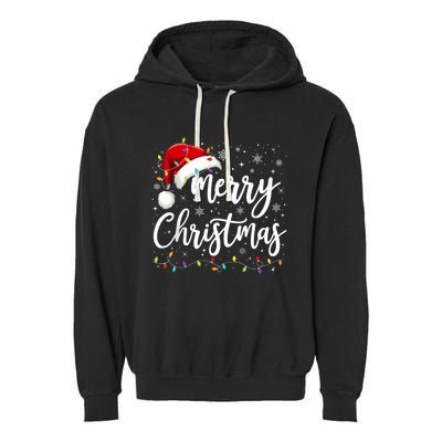 Merry Christmas Lights Red Santa Hat Xmas Family Garment-Dyed Fleece Hoodie