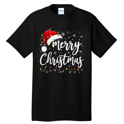 Merry Christmas Lights Red Santa Hat Xmas Family Tall T-Shirt