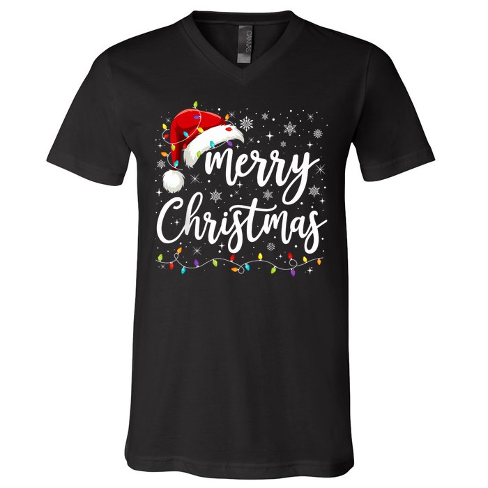 Merry Christmas Lights Red Santa Hat Xmas Family V-Neck T-Shirt