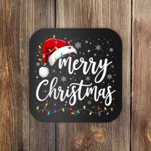 Merry Christmas Lights Red Santa Hat Xmas Family Coaster