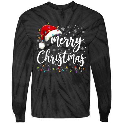 Merry Christmas Lights Red Santa Hat Xmas Family Tie-Dye Long Sleeve Shirt