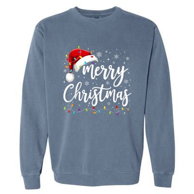 Merry Christmas Lights Red Santa Hat Xmas Family Garment-Dyed Sweatshirt