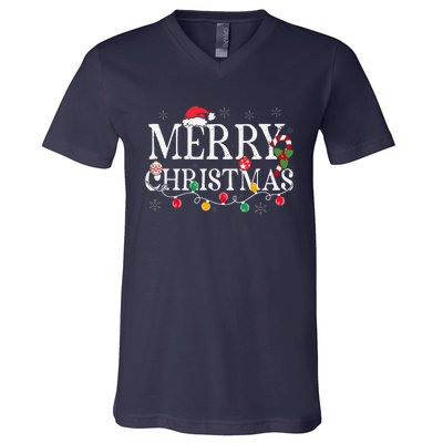 Merry Christmas Lights Santa Hat Xmas Family V-Neck T-Shirt