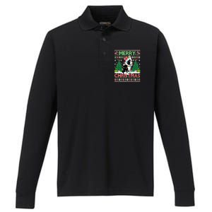 Merry Christmas Lighting Ugly Boston Terrier Christmas Premium Performance Long Sleeve Polo